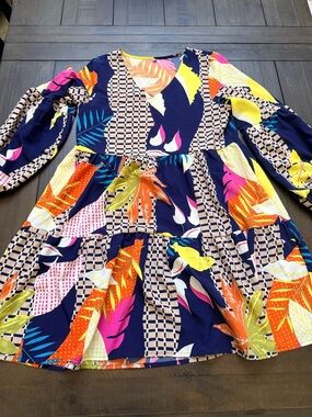 Vibrant Tropical Print Tiered Dress - Navy Base